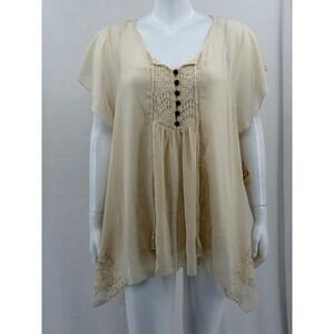 One World Top Womens 1X Ivory Crochet Lace Boho Sheer Flowy Feminine Vacation